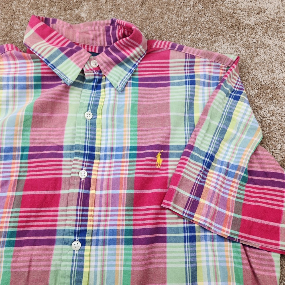 Ralph Lauren Mens Classic Fit Plaid Short Sleeve Button Down Shirt Pink Green M